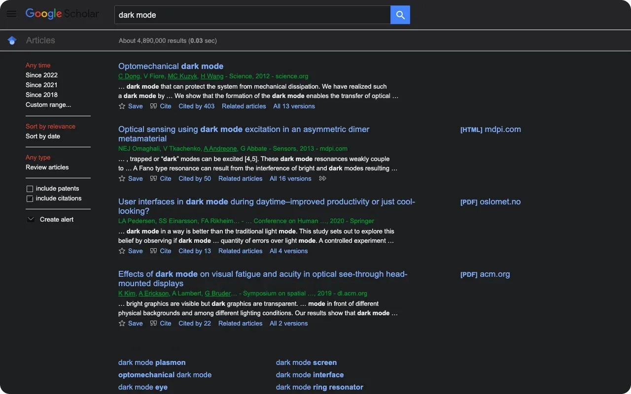 ダークモードを適用したGoogle Scholarの検索結果画面