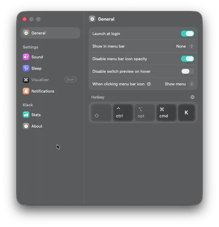 KlackのGeneral設定画面。自動起動やメニューバー表示、ホットキーなどをまとめて設定できる