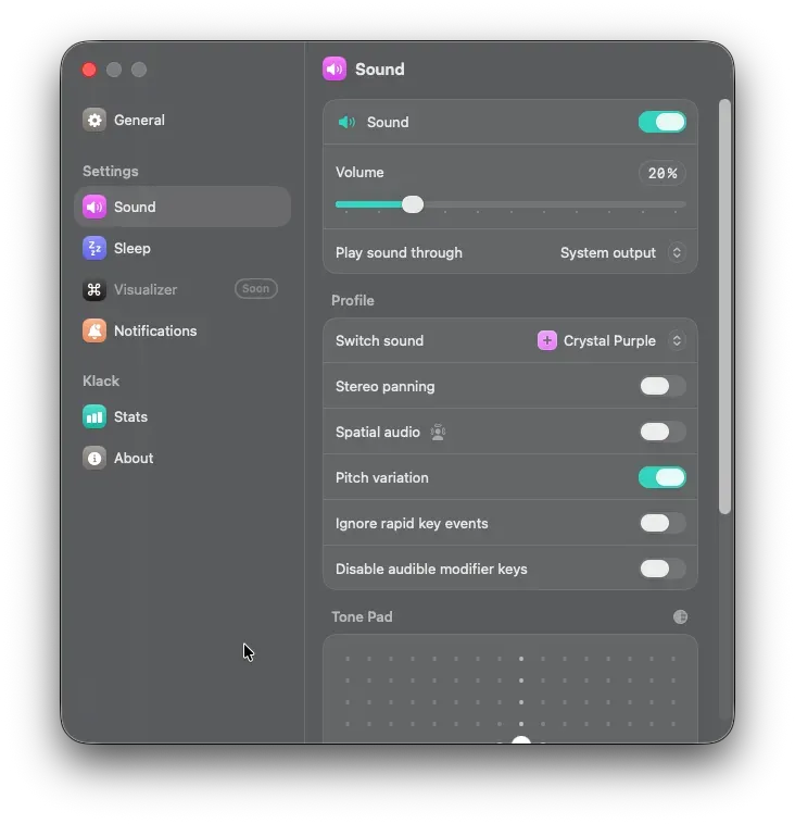 KlackのSound設定画面。音量やスイッチ音、ピッチのばらつきなどを細かく調整できる